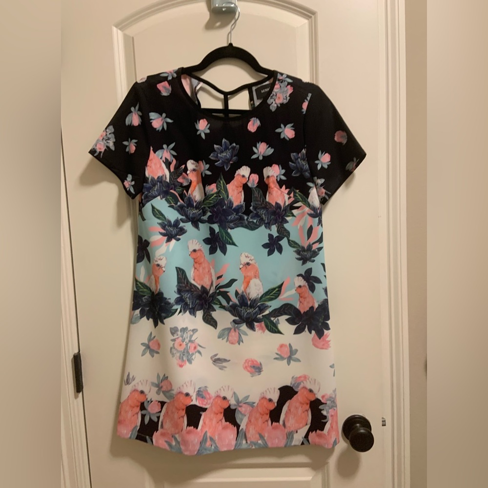 Mink pink floral/bird shift dress with cut out back detail.